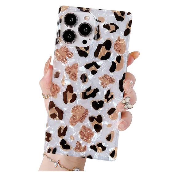 Black Pearl Rose Gold Glitter Cheetah Leopard Square iPhone 12 13 PRO MAX Case - Picture 2 of 10